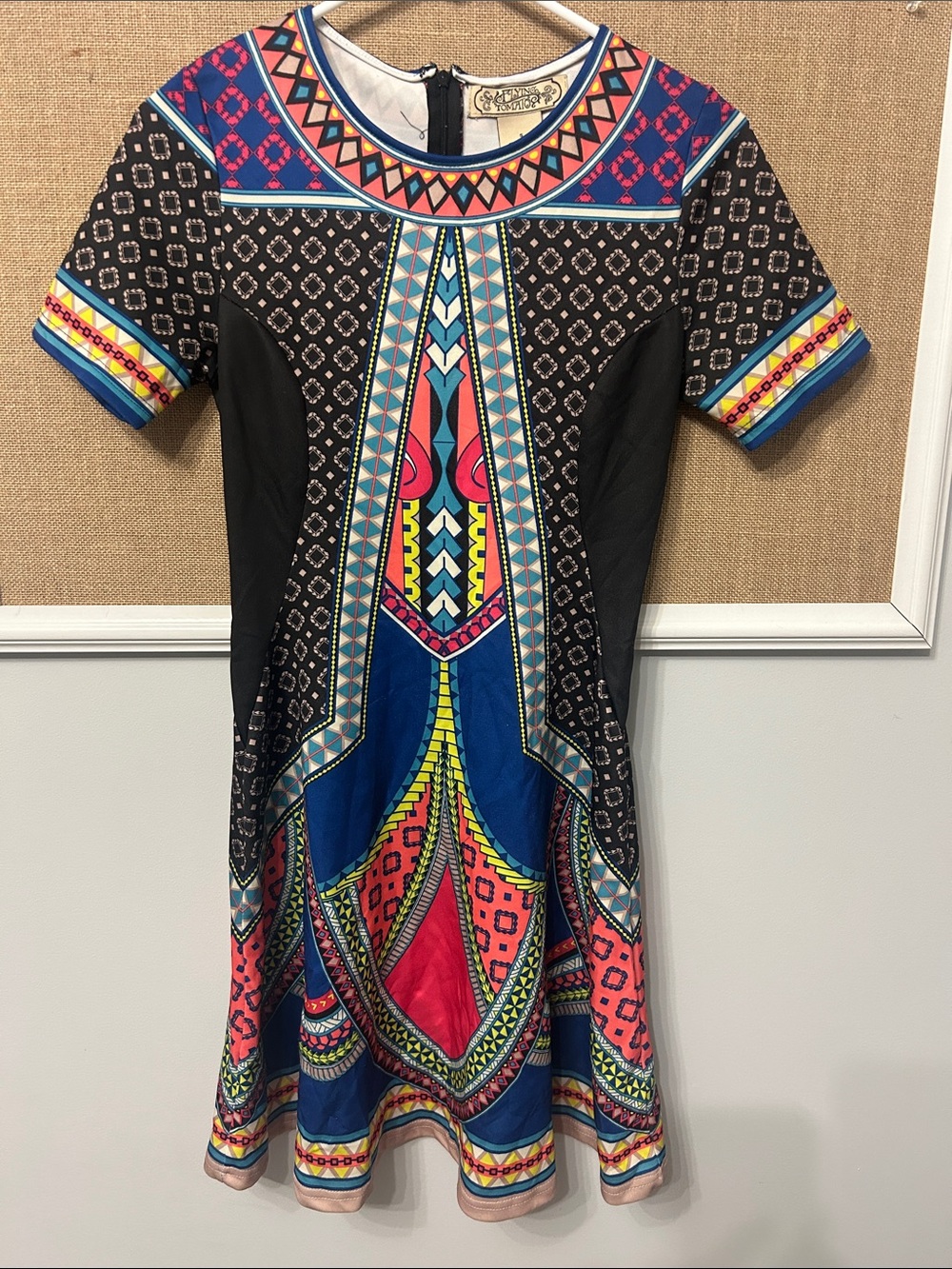 Flying Tomato Blue, Pink and Black Patterned Fit-and-Flare Dress